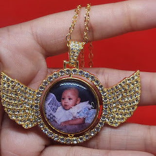 Double-sided Angel Wing Rhinestone Photo Necklace