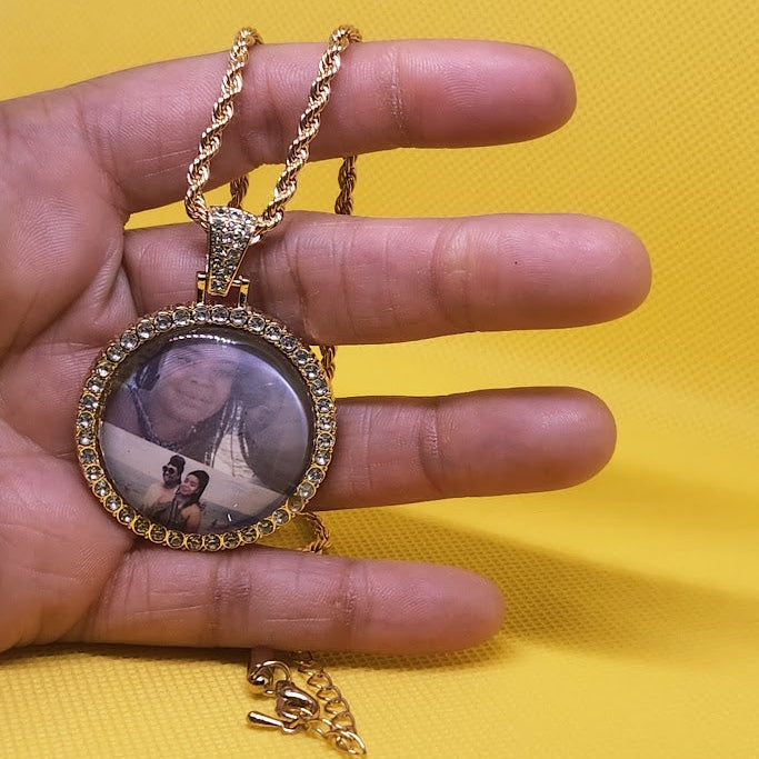 Circle Rhinestone Bezel Pendant Photo Necklace
