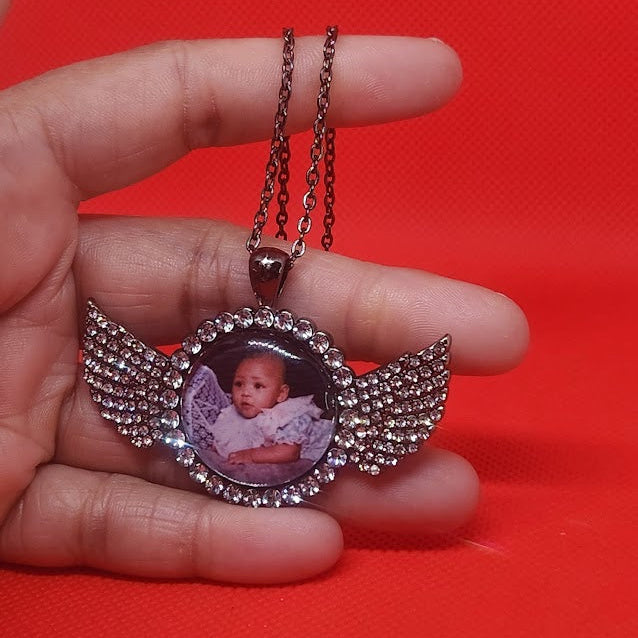Angel Wing Rhinestone Photo Necklace