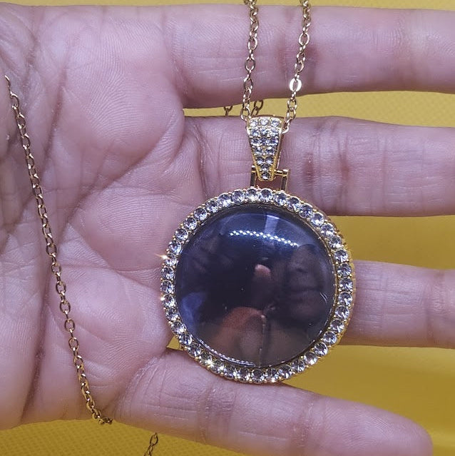 Circle Rhinestone Bezel Pendant Photo Necklace