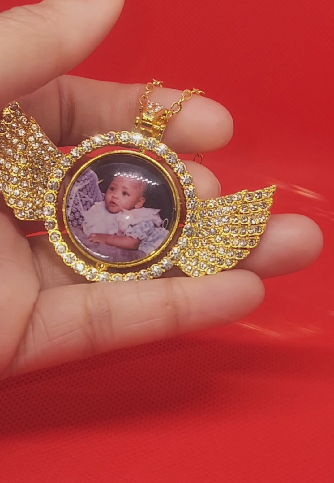 Double-sided Angel Wing Rhinestone Photo Necklace