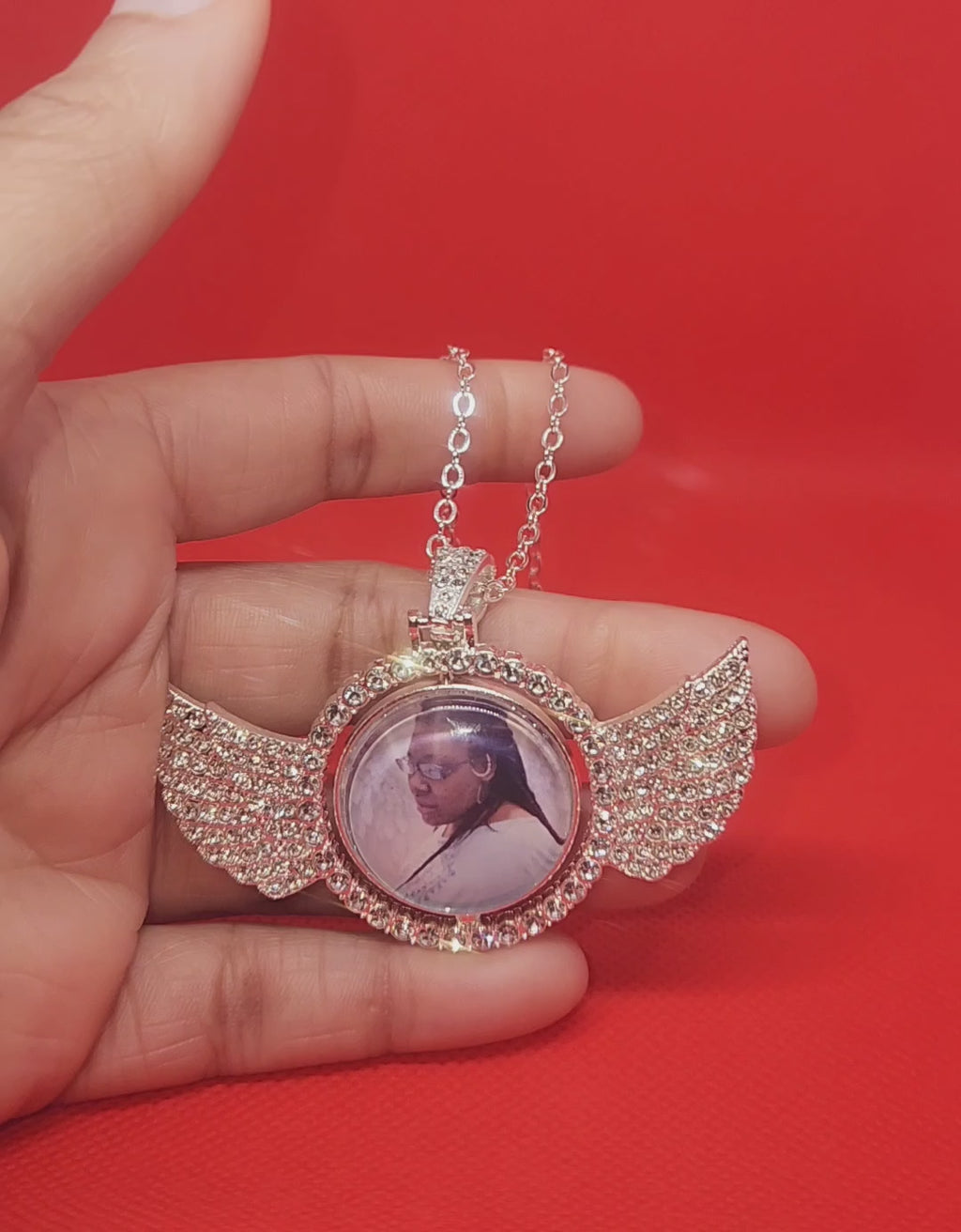Double-sided Angel Wing Rhinestone Photo Necklace