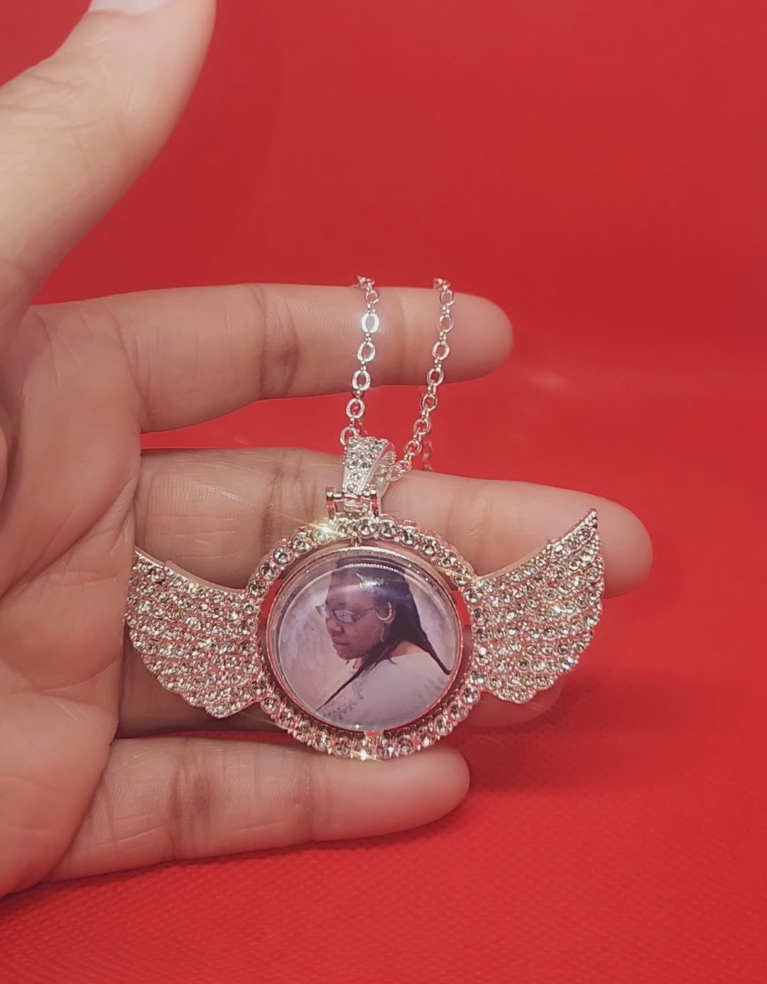 Double-sided Angel Wing Rhinestone Photo Necklace